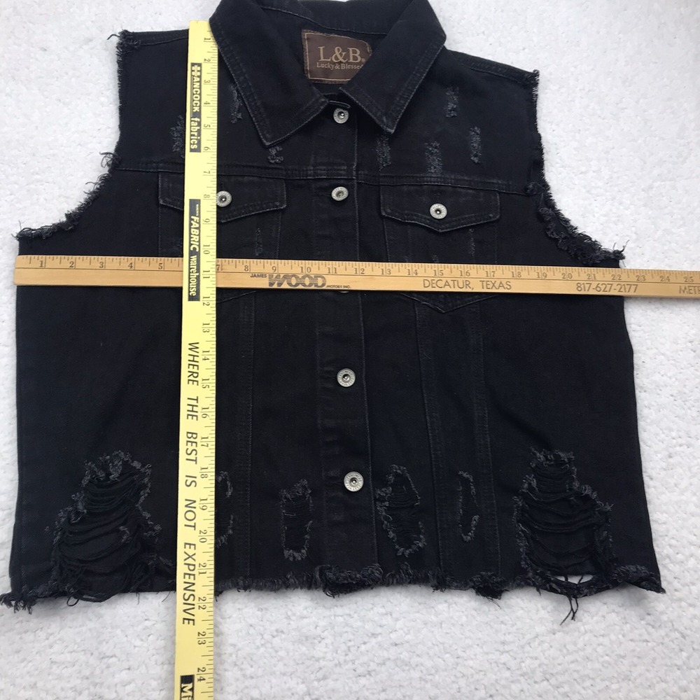 Lucky & Blessed Western Vest MEDIUM Black Denim Southwest Navajo Serape Distress - Picture 10 of 13